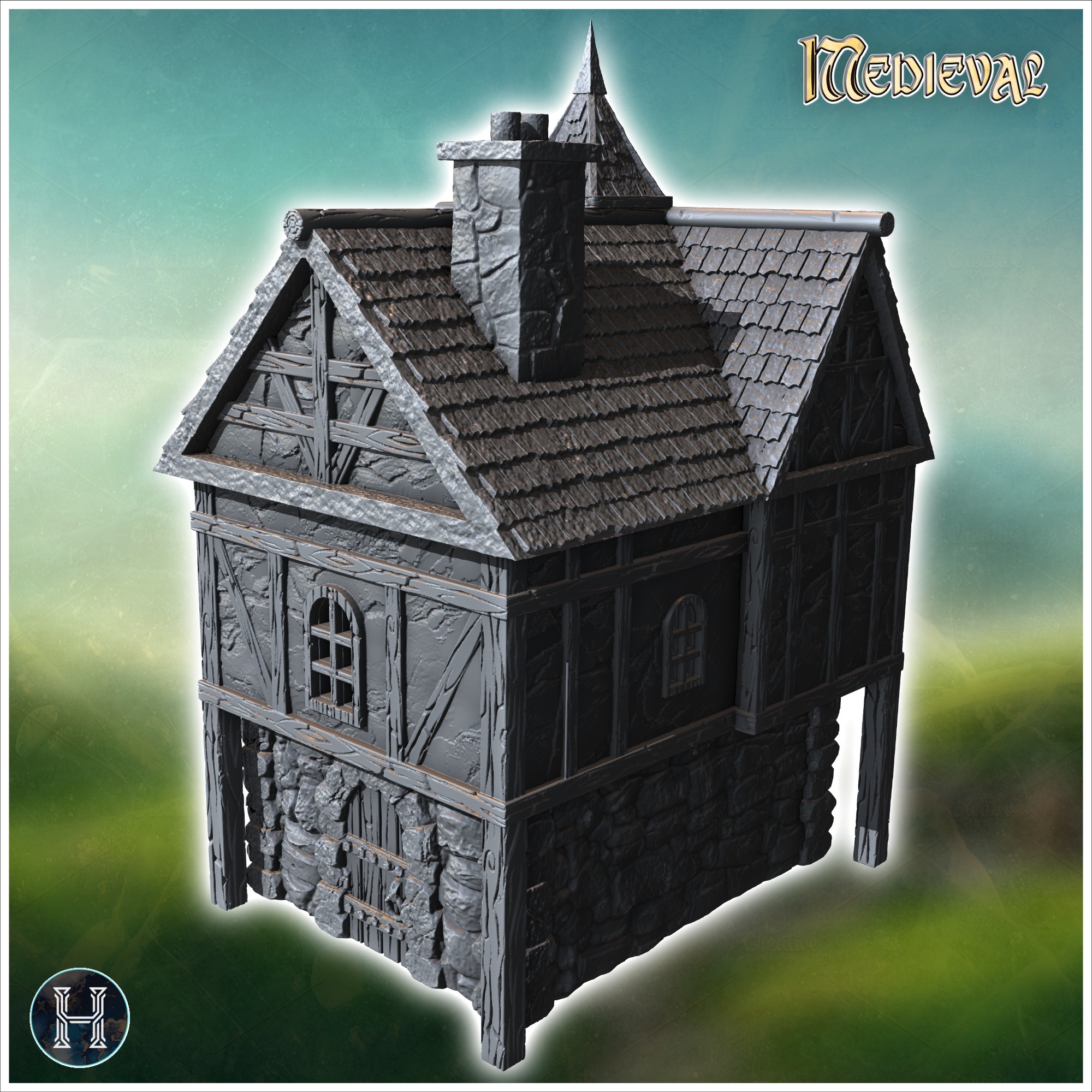 Large two-story medieval house with detailed stone foundation and wooden upper floors (25) - Medieval Gothic Feudal Old Archaic Saga 28mm 15mm RPG